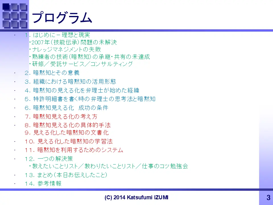 method for tacit knowledge visualization (seminer program)
暗黙知見える化セミナー・スライドNo.3（セミナー・プログラム）